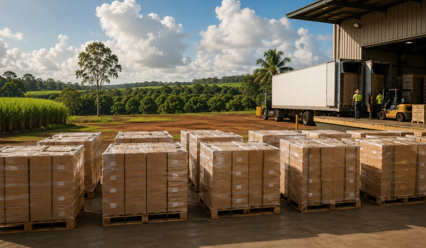 Produce pallets staged at a Bundaberg packing shed for the southbound run