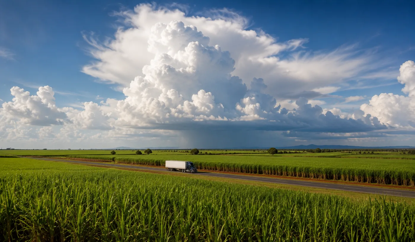 Build-up cloud over the Bundaberg cane fields with a truck on the highway