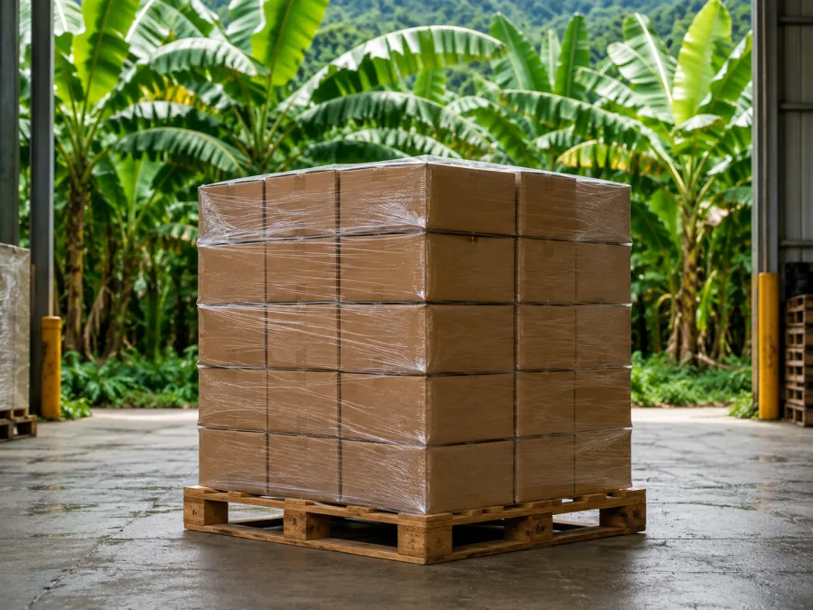 Wrapped produce cartons palletised at a far-north packing shed