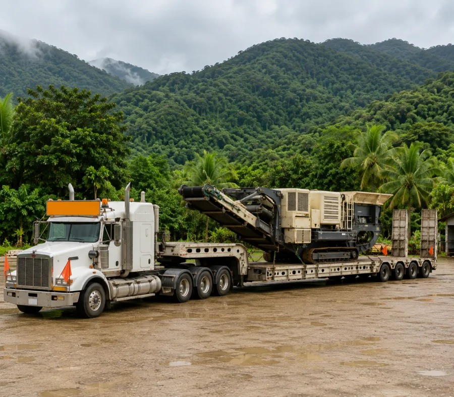Oversize machine on a low-loader in the tropical far north