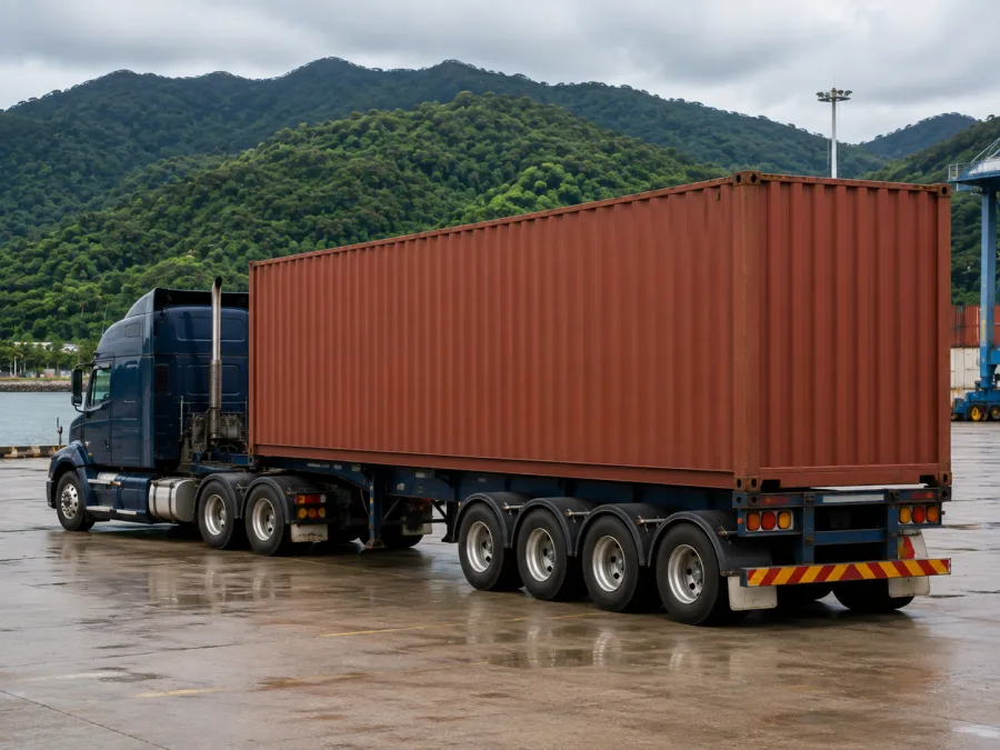 Container on a trailer at a Port of Cairns hardstand for the road leg