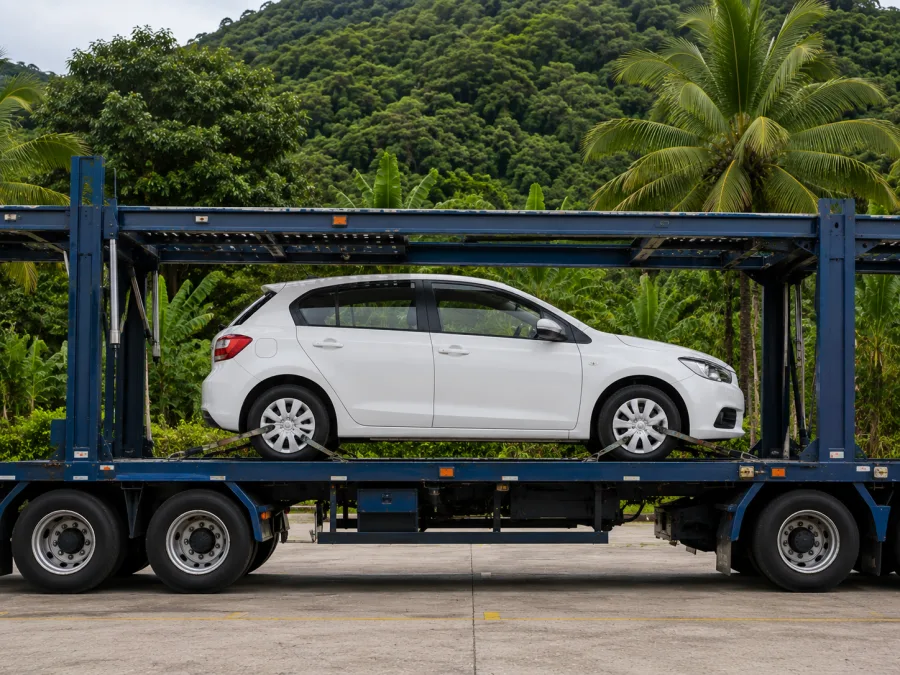 Car strapped on a carrier deck with tropical Cairns greenery behind