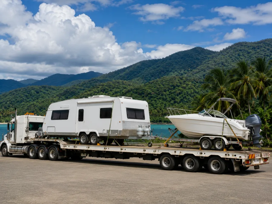 Caravan and boat loaded together on a drop-deck bound for the tropical far north