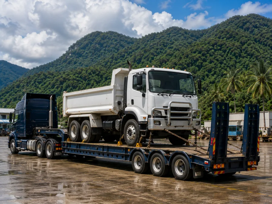 Tipper truck chained on a low-loader for relocation in the tropical far north