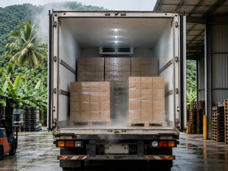 Open refrigerated trailer loaded with produce at a far-north dock