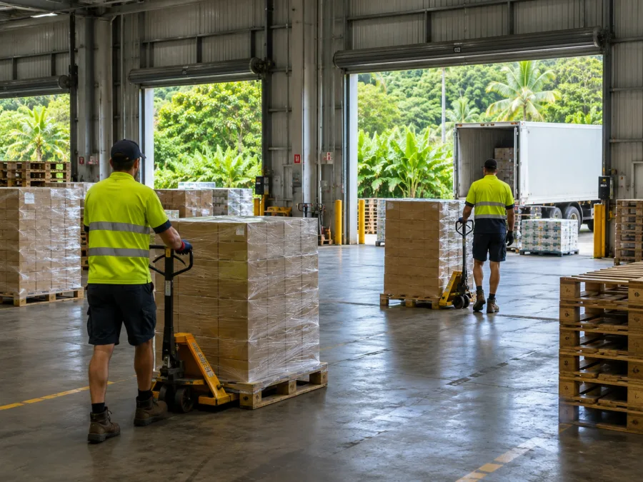 Workers moving pallets at a Cairns distribution point