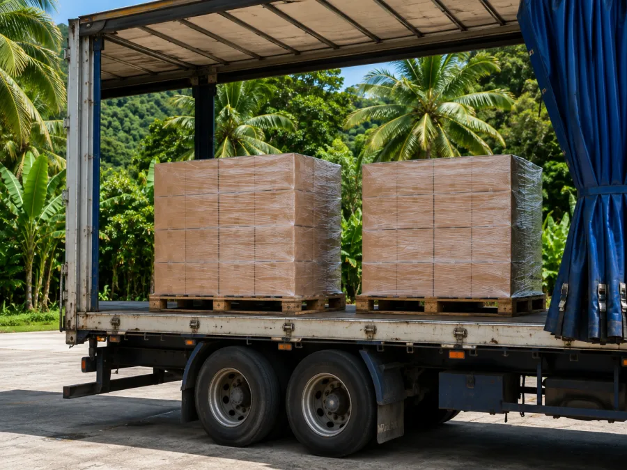 Wrapped pallets on a trailer with tropical greenery behind