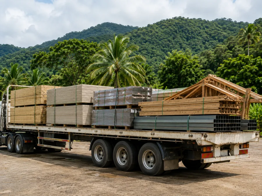 Timber and sheet materials on a trailer at a Cairns building site