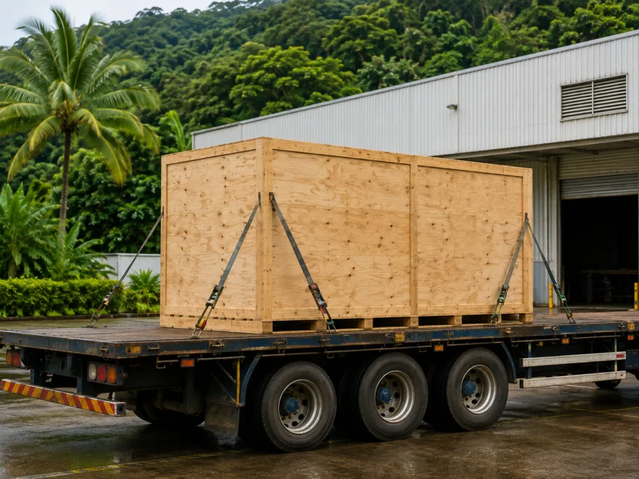 Crated machine strapped on a trailer at a Cairns industrial site