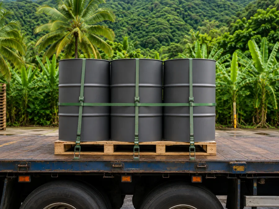 Sealed drums banded on a trailer with tropical greenery behind