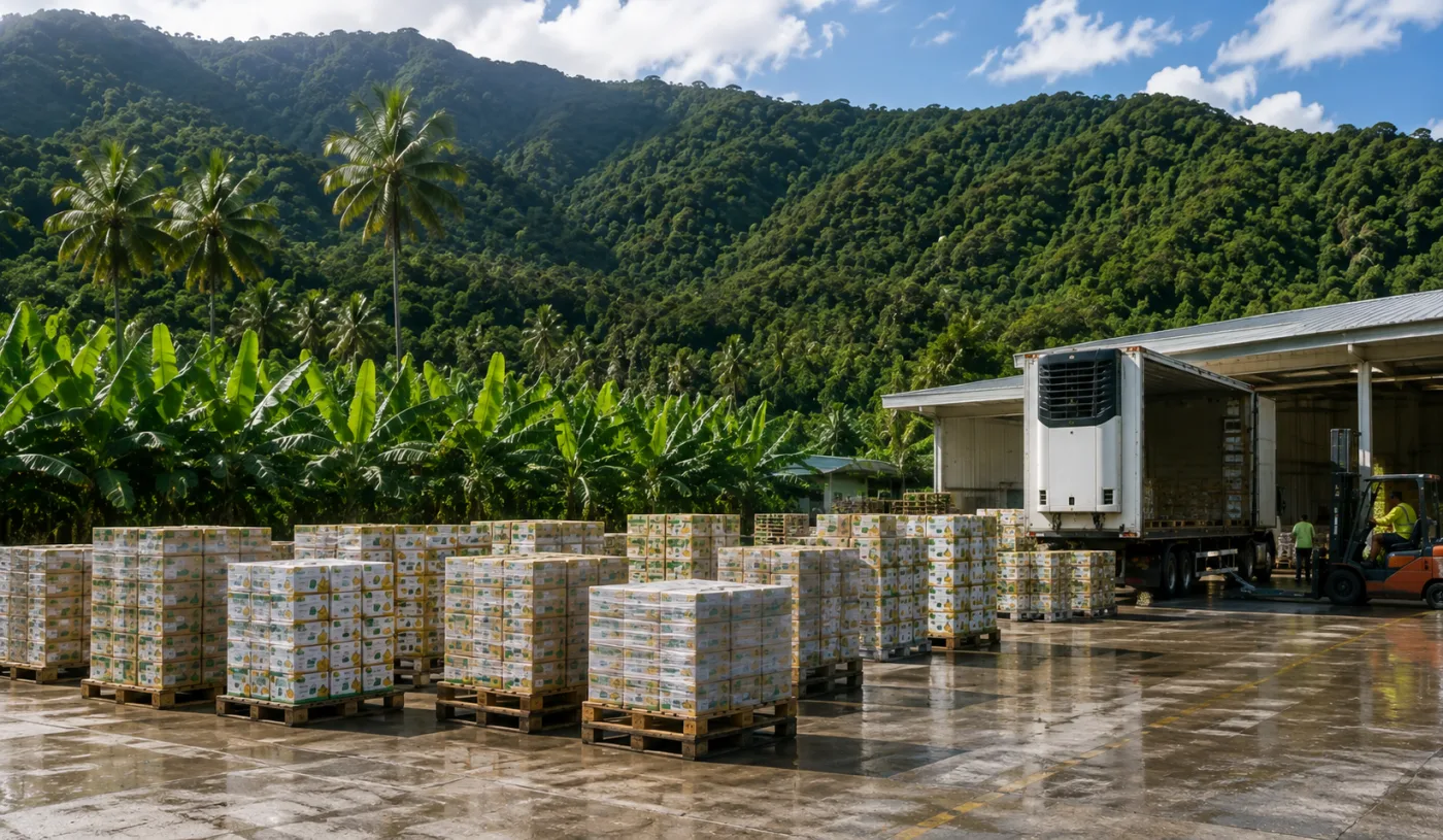 Produce pallets staged at a far-north banana operation for the southbound run