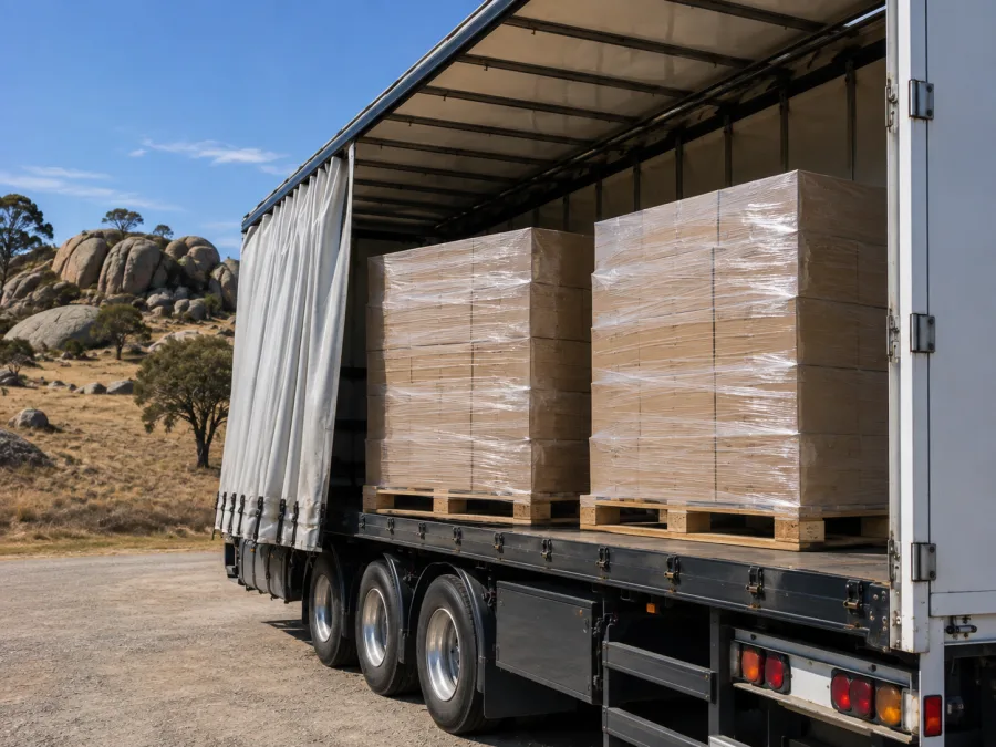 Wrapped pallets on a trailer with granite tableland country behind