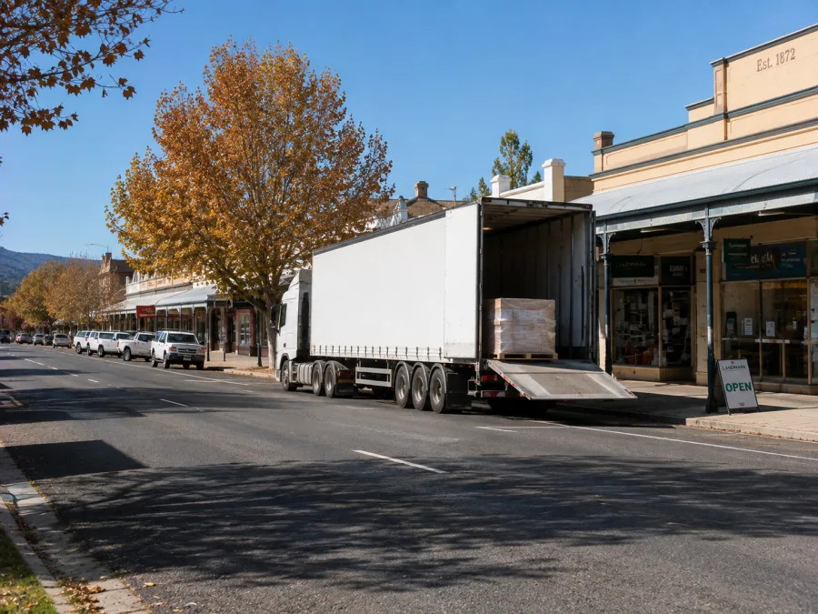 Pallet delivered from a tail-lift on the main street of a tableland town