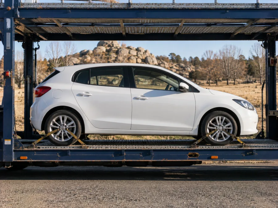 Car strapped on a carrier deck with granite tableland country behind