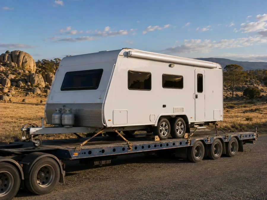 Touring caravan strapped on a drop-deck trailer in high tableland country