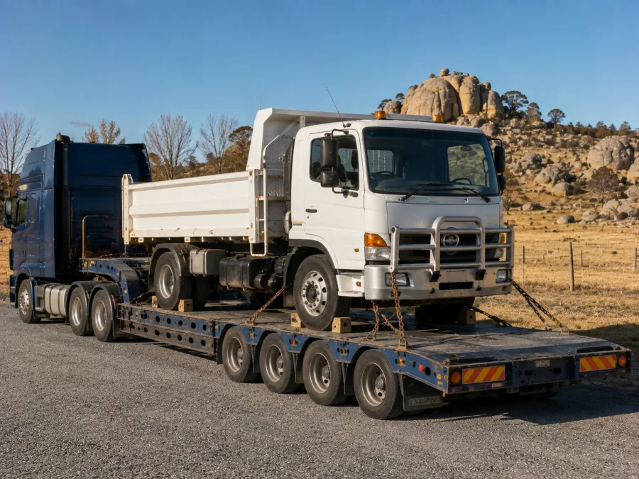Tipper truck chained on a low-loader in New England tableland country
