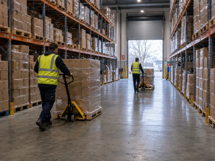 Workers moving wrapped pallets inside a Canberra distribution centre