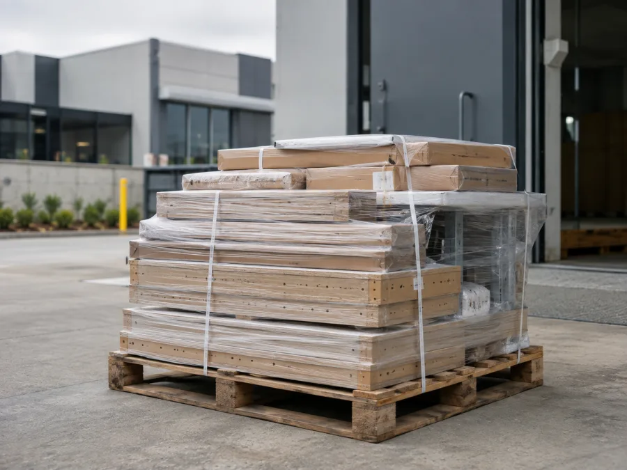 Flat-packed office fit-out components palletised for delivery to Canberra`