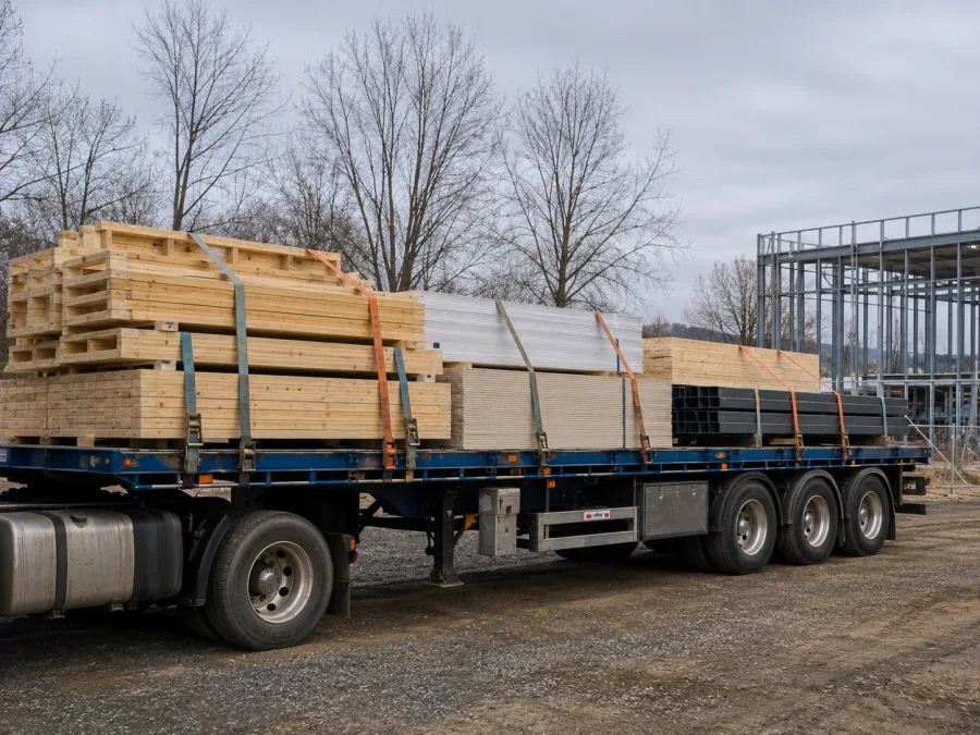 Timber and cladding on a trailer at a Canberra construction site