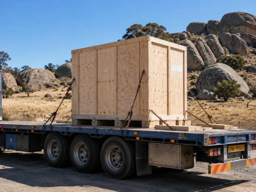 Timber-crated machine chained on a trailer in high tableland country