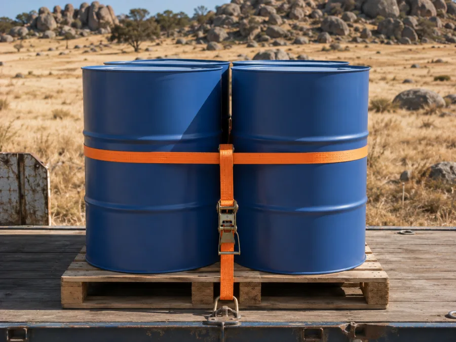 Sealed drums banded on a trailer deck in open tableland country