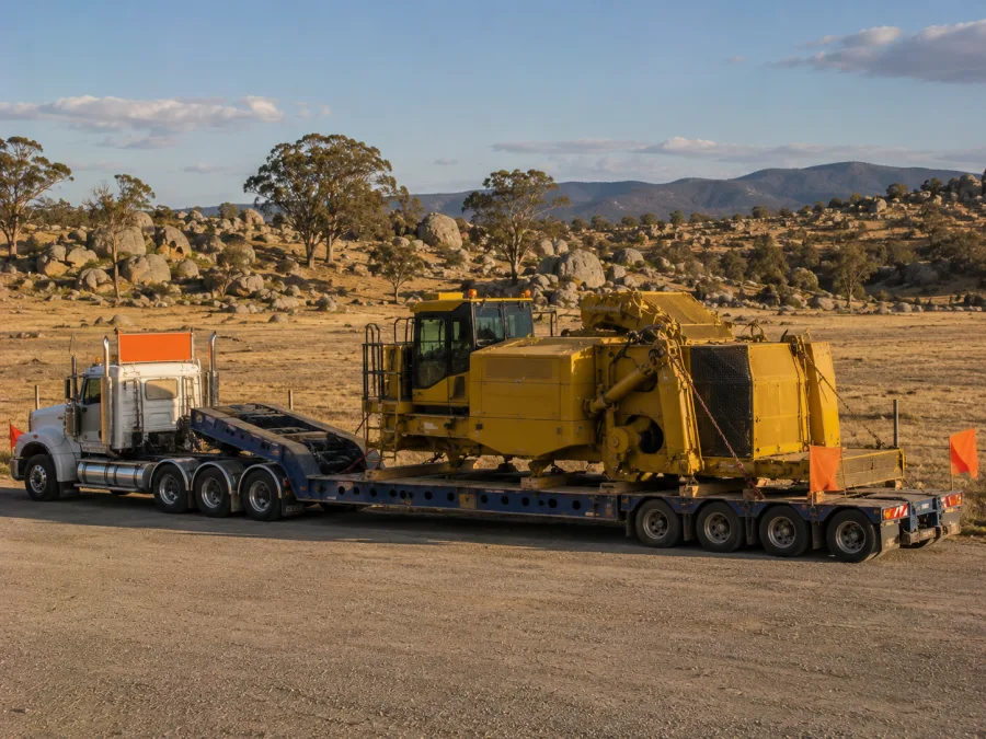 Oversize machine on a low-loader in granite tableland country