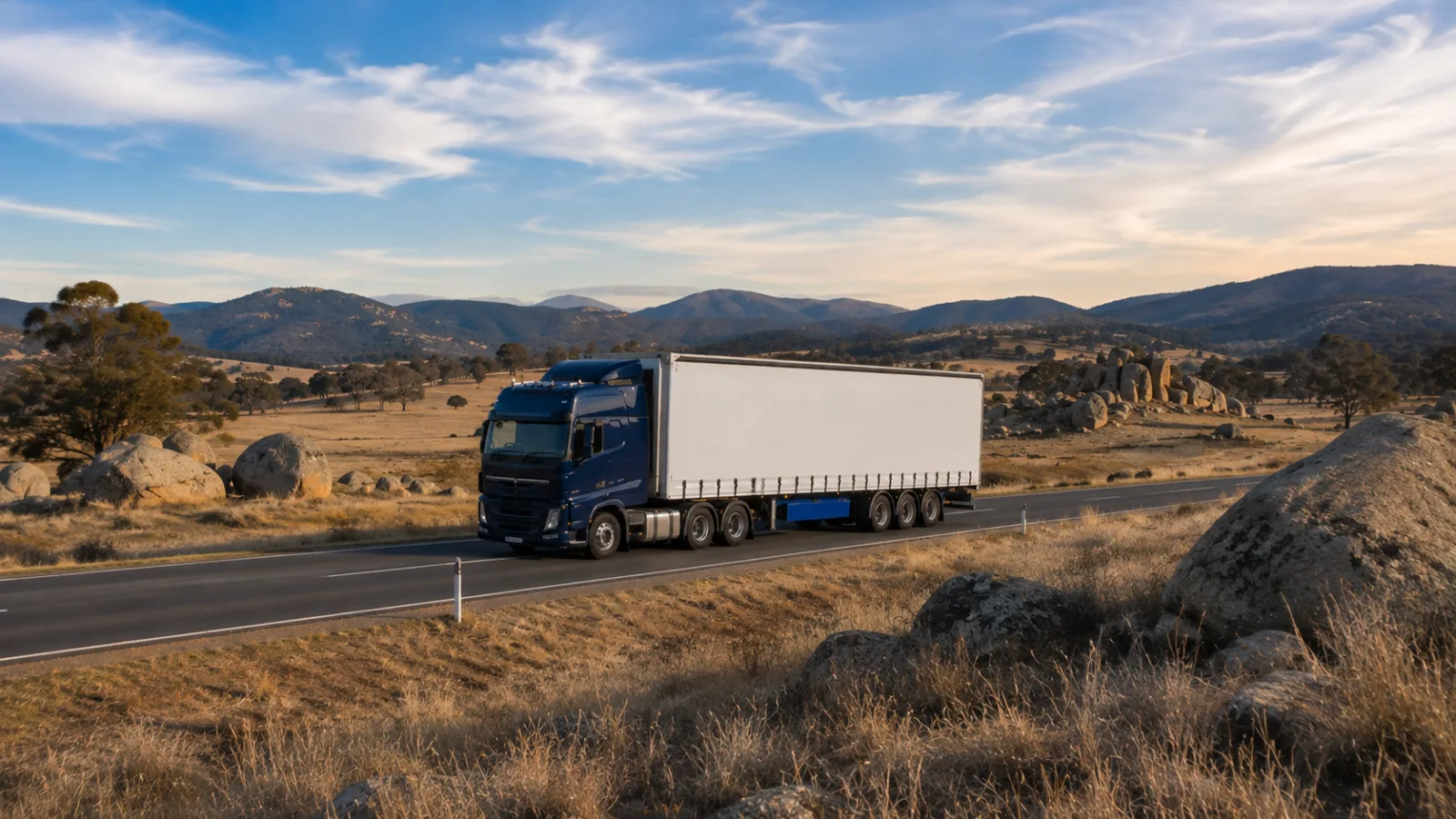 Semi-trailer on a highway through granite boulder country in the New England ranges