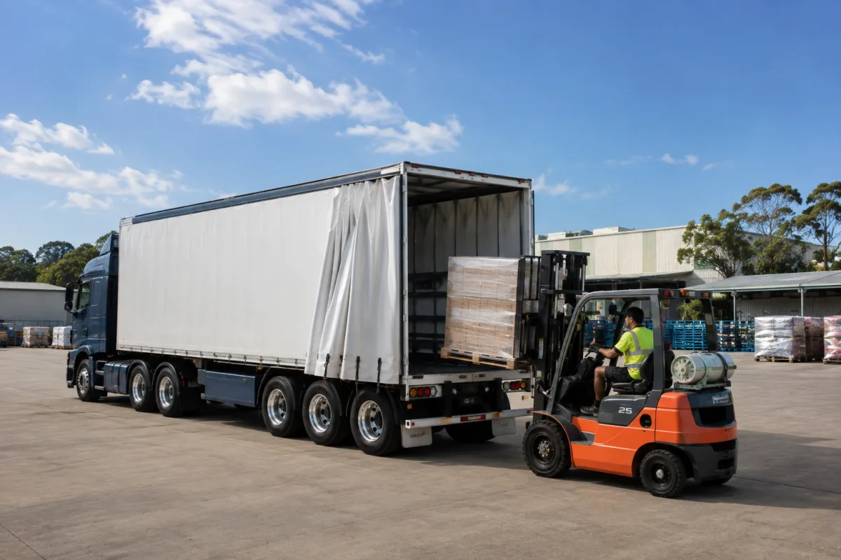 Forklift loading a pallet at a Brisbane depot for the southbound run