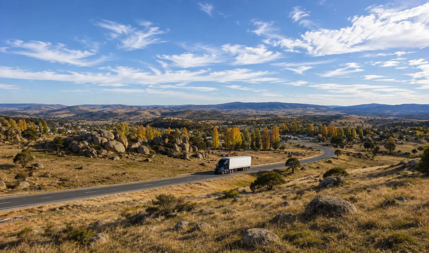 Highway winding through granite country with autumn colour in the tablelands