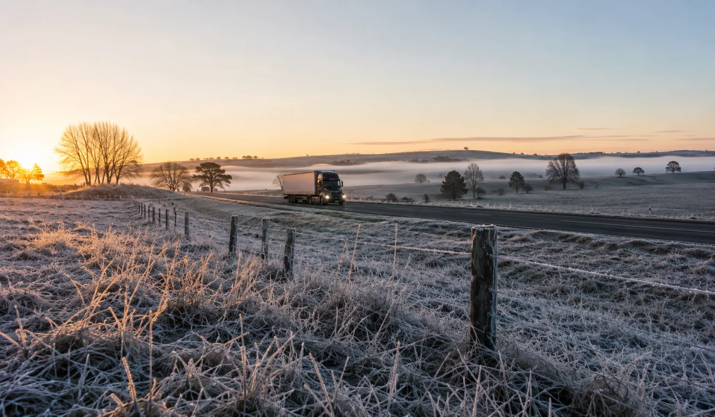 Frost and low fog across tableland paddocks at sunrise with a truck on the highway