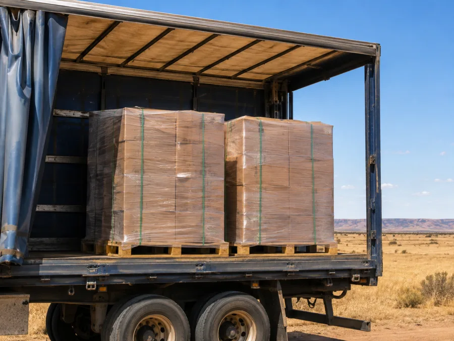 Wrapped pallets on a trailer with open downs country behind