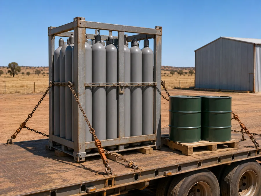 Gas cylinder pack and sealed drums chained on a trailer deck at an inland depot