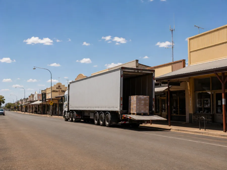 Pallet delivered from a tail-lift on the main street of an inland Queensland town