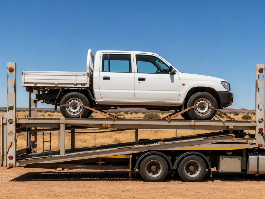 Four wheel drive utility strapped on a carrier deck in inland country
