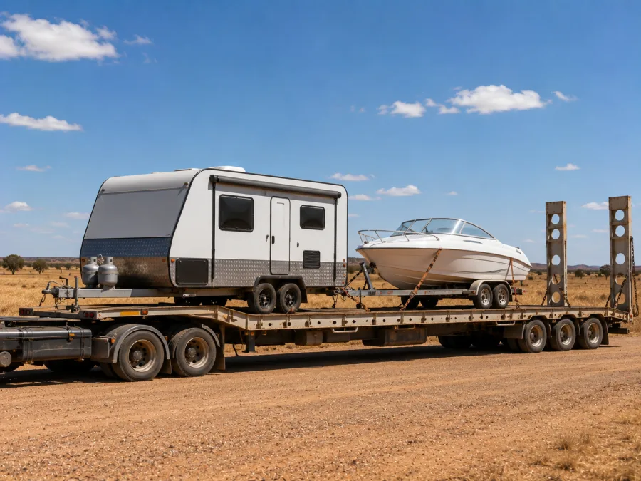 Caravan and boat loaded on a drop-deck heading north for the dry season