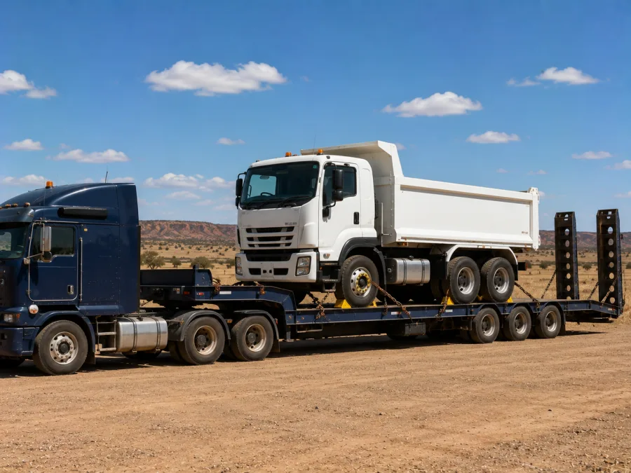 Tipper truck chained on a low-loader in inland Queensland