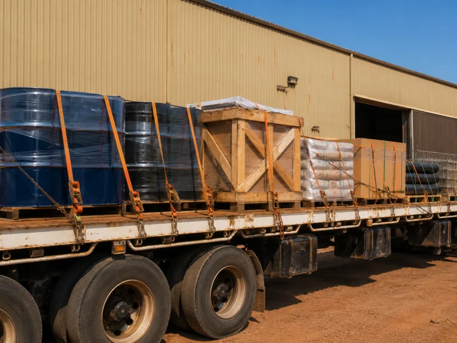 Drums and crated components loaded for the north west mining country