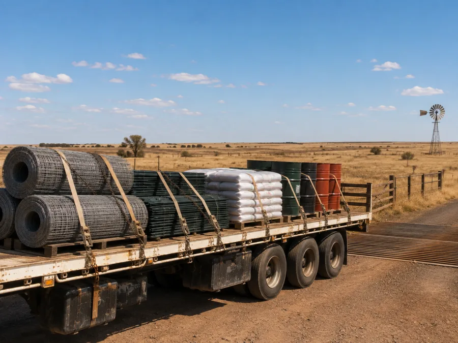 Fencing, feed and drums loaded on a trailer at a station gate on the Barkly