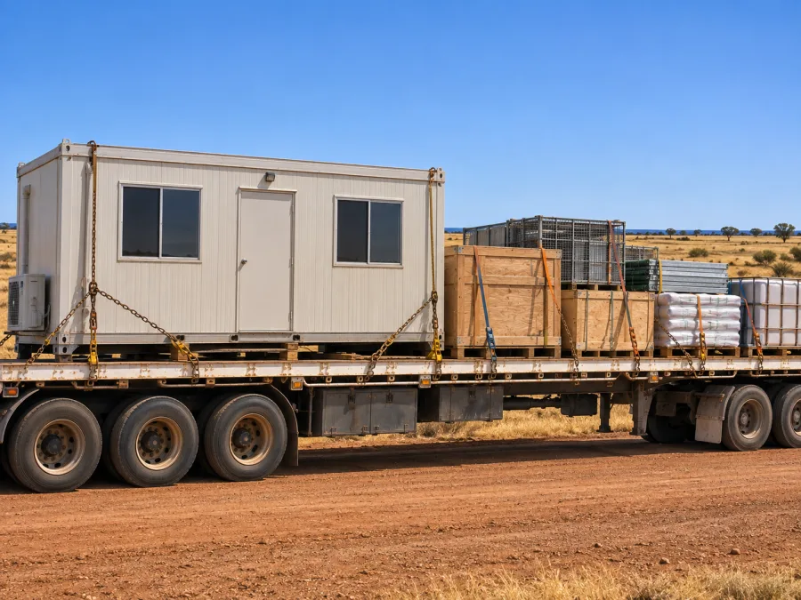 Portable camp unit and crated equipment chained on a trailer for a remote site