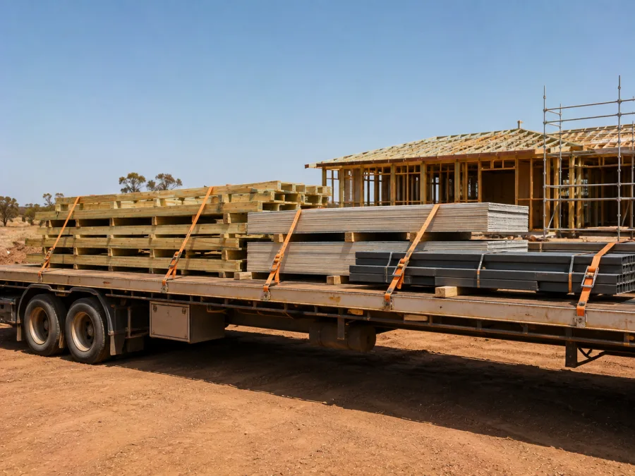 Timber and cladding strapped on a trailer at a regional building site