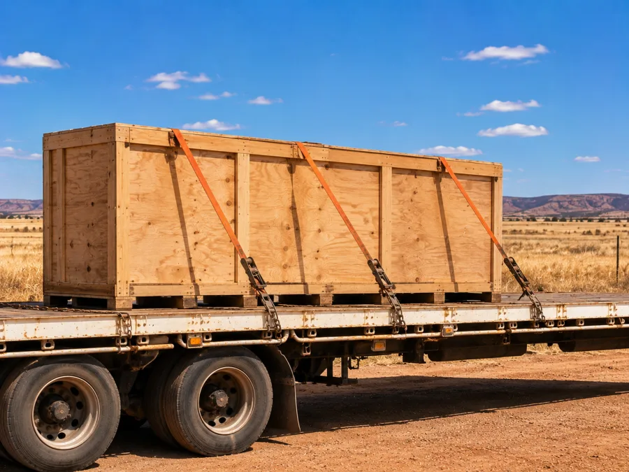 Timber-crated machine chained on a trailer in inland Queensland