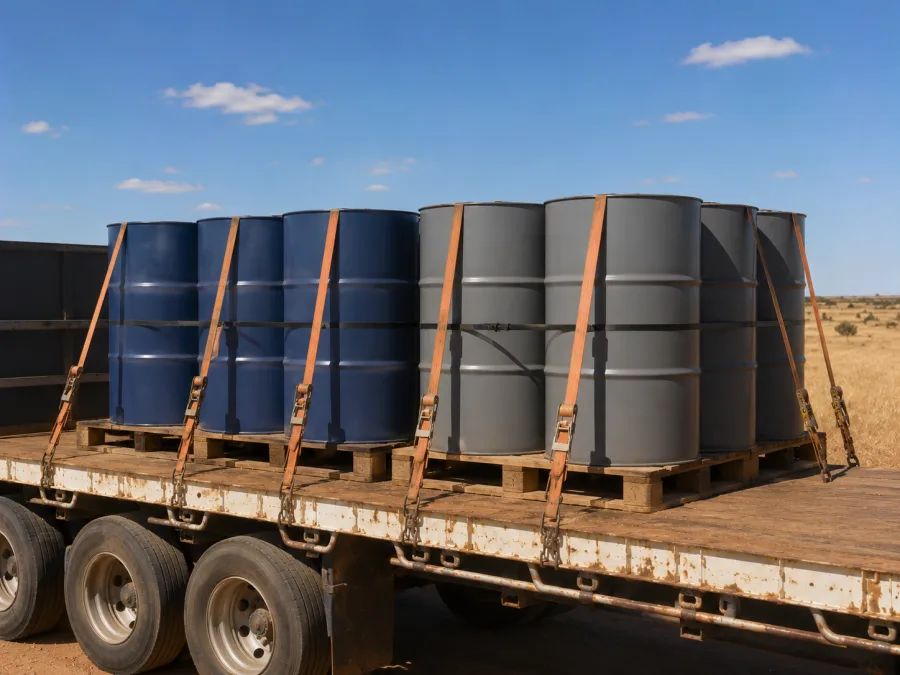 Sealed drums banded on pallets and strapped to a trailer deck