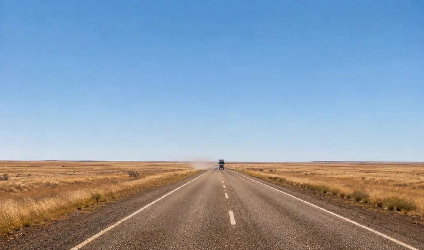Highway running flat to the horizon across the Barkly downs with a road train in the distance