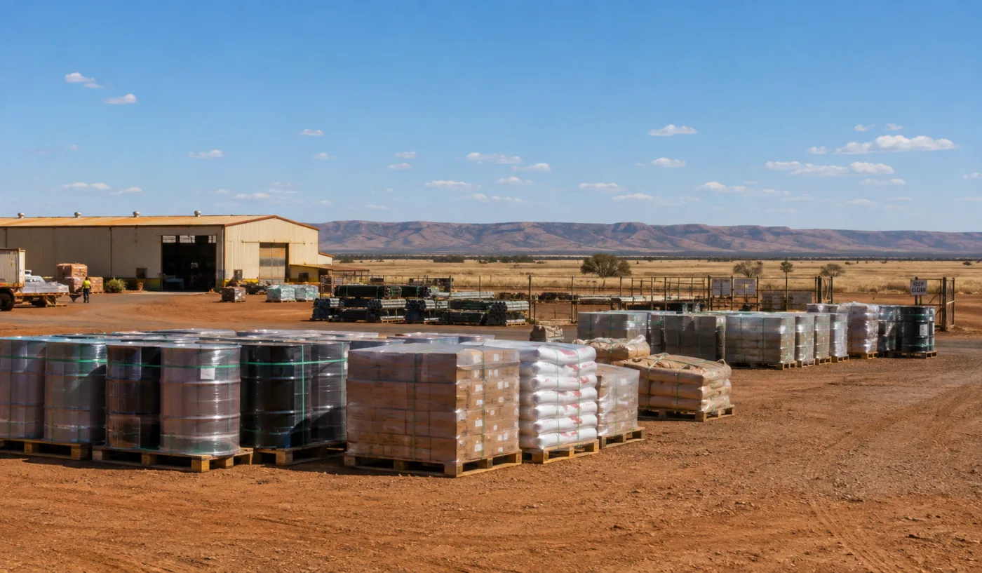 Palletised consumables and drums staged at an inland depot near Mount Isa