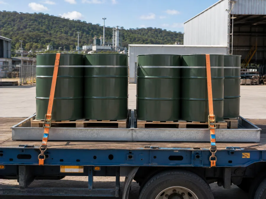 Sealed drums banded on pallets and strapped to a trailer deck at Gladstone