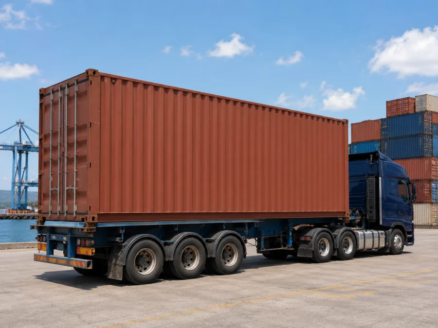 Container on a trailer at a Gladstone port hardstand for the road leg
