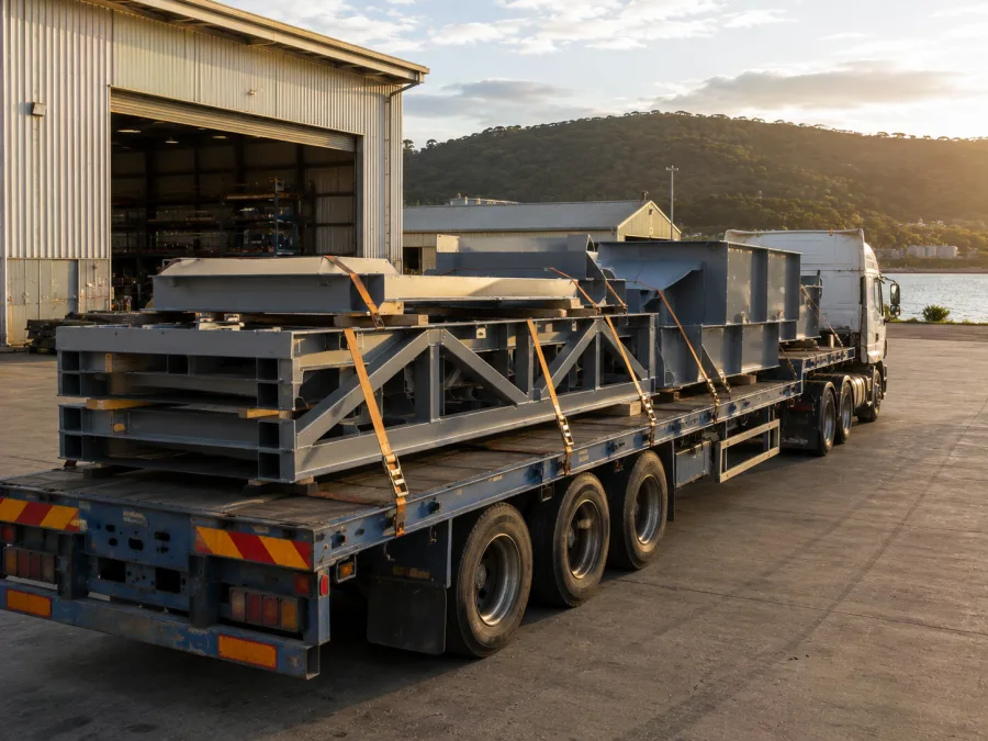 Fabricated steel assemblies strapped on a trailer leaving a Gladstone workshop