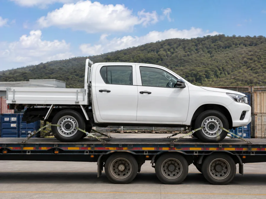 Four wheel drive utility strapped on a carrier deck at a Gladstone yard