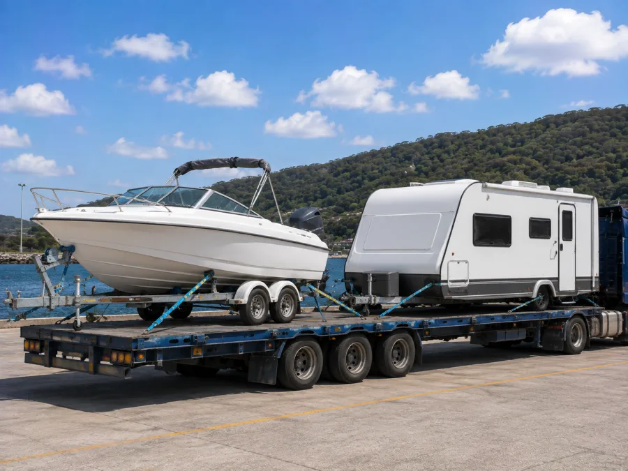 Runabout on a trailer loaded for the run to the Gladstone coast