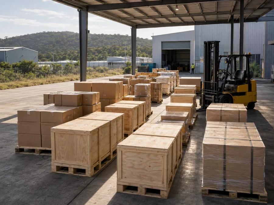 Crated spares and consumables staged in sequence for a Gladstone turnaround